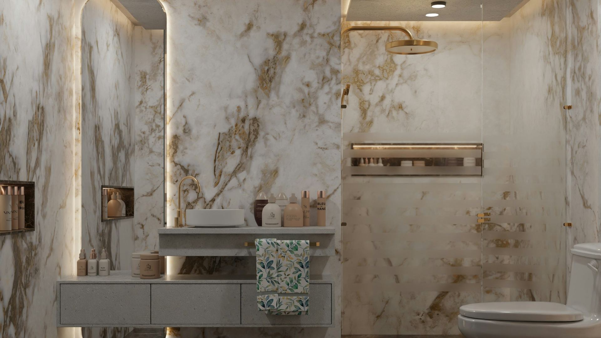 Remodeled residential bathroom with large format marble look wall tile and a walk in shower